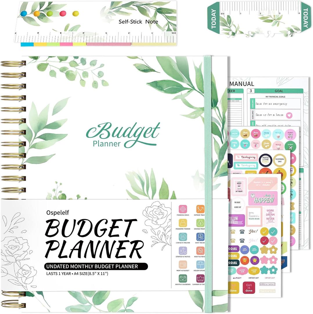 2 x Ospelelf Budget Planner - Monthly Budget Book with Expense Tracker Notebook, Undated 12 Month Bill Organizer & Finance Planner, A4 Account Book with 12 Index Pockets, Zipper Pouch, Stickers(Green)