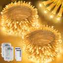 2 Pack 16.5Ft 100 LED Fairy Lights Battery Powered, Outdoor Waterproof Warm White String Lights with Remote, Dimmable Twinkle Lights for Bedroom Wedding Party Christmas Decoration