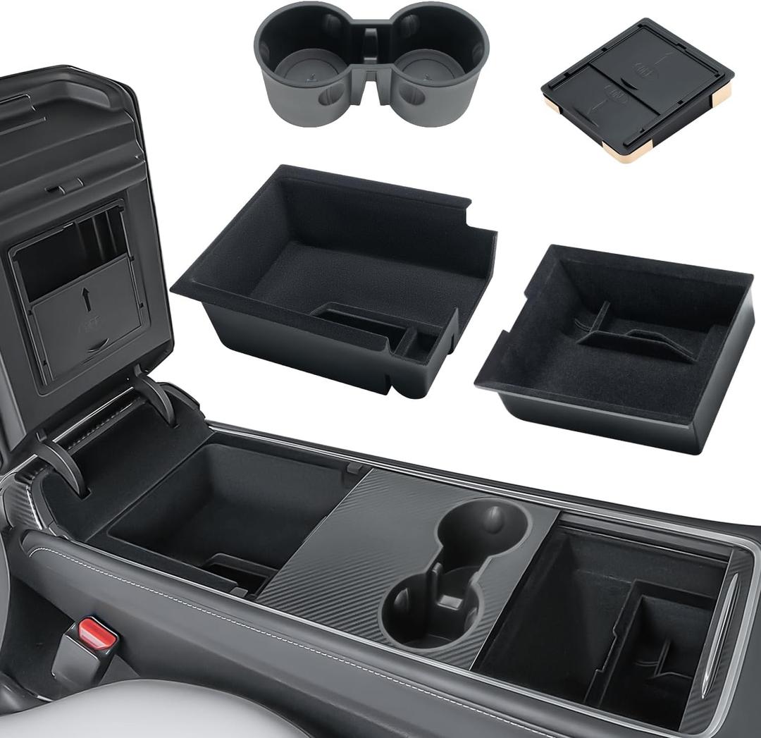 Uireefly 3Pcs Center Console Organizer for Tesla Model Y 2021-2025, Flocked Fabric Center Console Organizer Set Include Console Front & Rear Tray Hidden Armrest Storage Box for Model 3 2017-2023 (3)