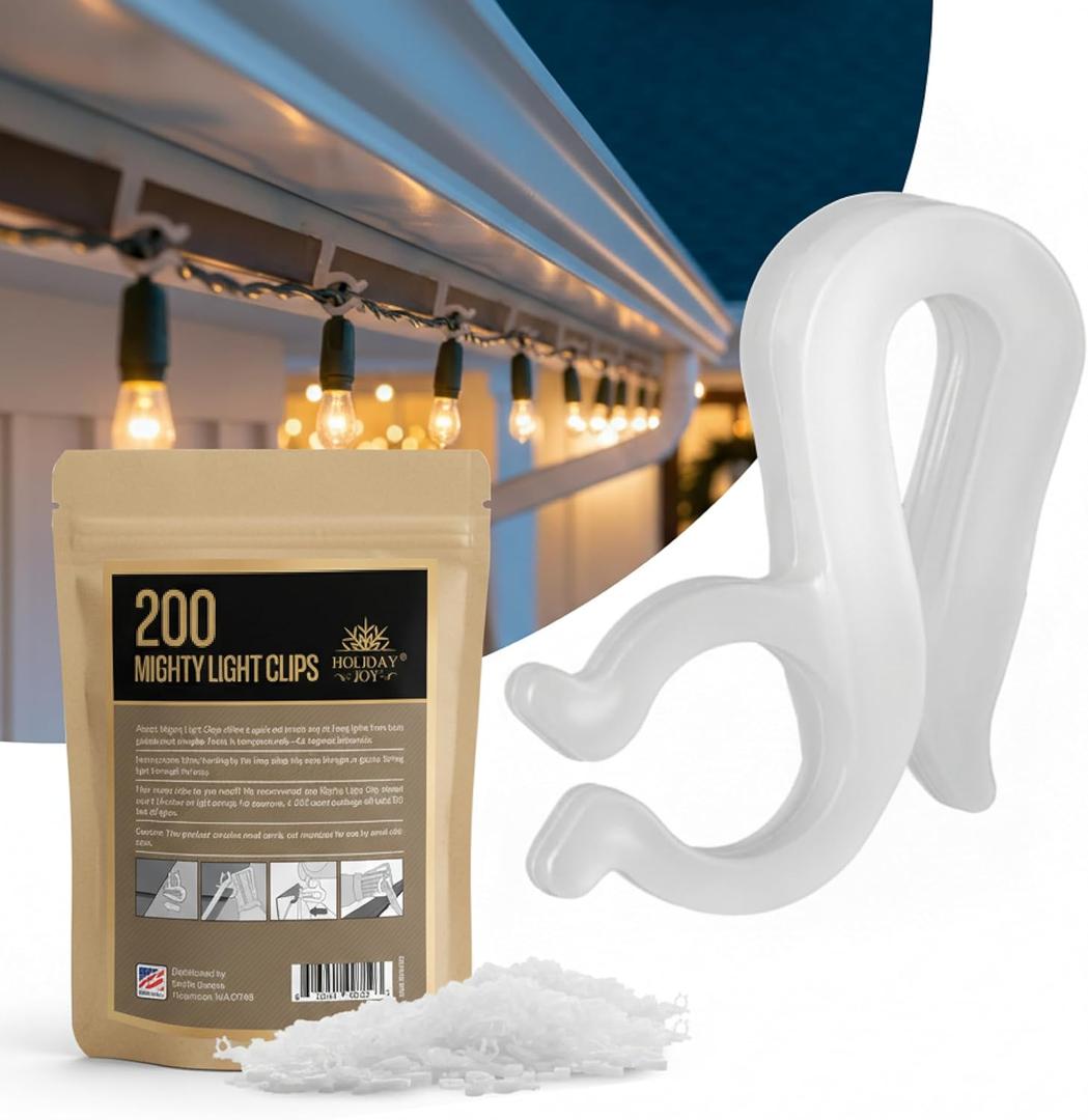 Holiday Joy 200 PCS of Mighty Clip Hooks for Outdoor String Lights - Quick & Easy Installation Christmas Lights Clips for Shingles & Gutters - Patent Design String Light Hooks - Made in USA