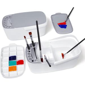 GAMENOTE Paint Brush Cleaner - Paint Brush Holder with Palette and Handle,Rinser for Acrylic, Watercolor, and Water-Based Paints, Painting Art Supply Storage Organizer (White+Grey)