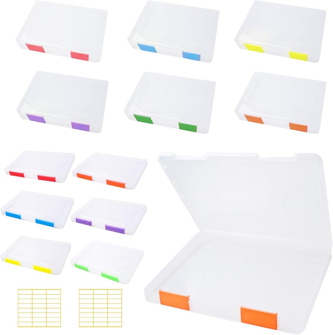 12 Pcs Clear A4 A5 File Box Document Plastic Storage Box with 48 Labels File Holder Organizer Paper Plastic Case Magazine Protector with Buckle Office School Supplies (Multicolor)