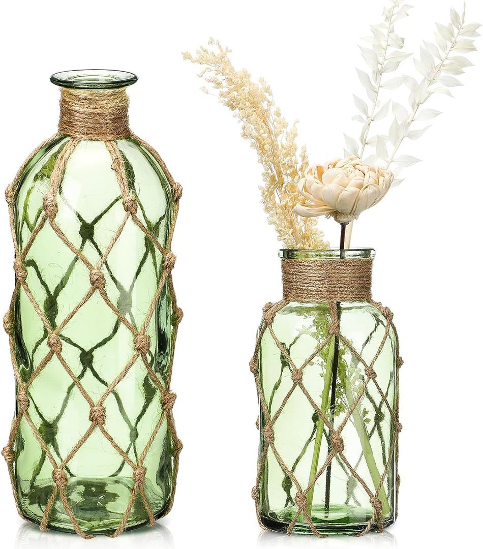 Chuangdi Set of 2 Coastal Glass Vases for Flowers TSITP Flower Vase with Boho Rope Small Sea Glass Jar Nautical Beach Bottle for Wedding Table Centerpieces Floral Arrangement Decor(Green)