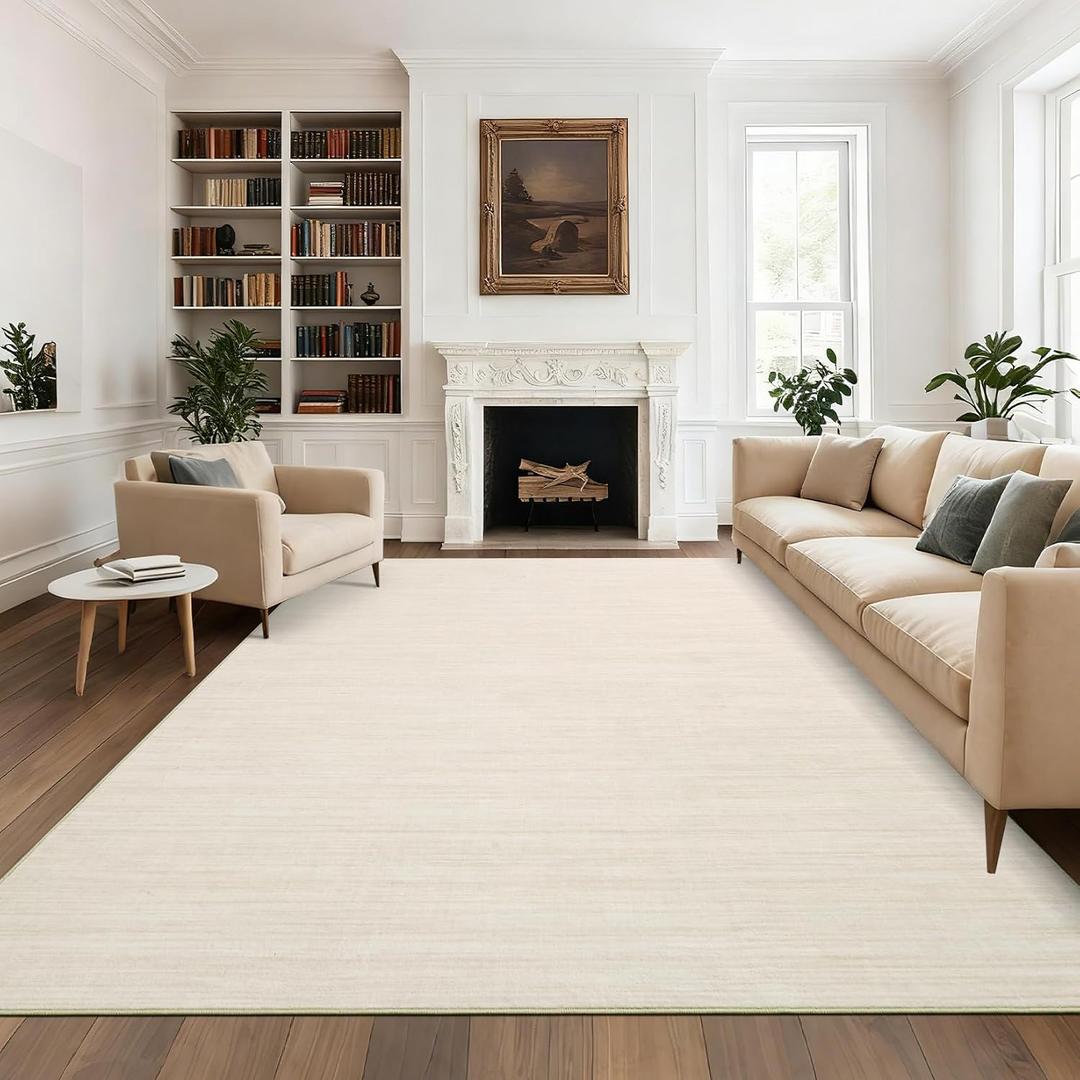 9x12 Area Rugs for Living Room Washable Solid Large Bedroom Rugs Non Slip Soft Modern Abstract Dining Room Throw Carpet Minimalist Classic Plain Area Rug for Nursery Kitchen Home Office, Ivory 9x12