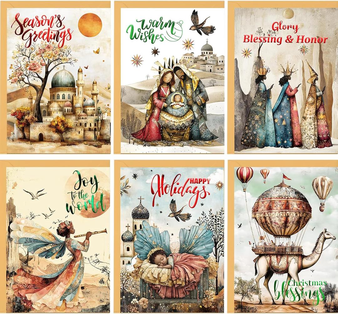4 x Fancy Land African American Nativity Christmas Cards Foil Embossed Black Religious Holiday Greeting Cards Bulk with Envelopes for Christian Holy Family Supplies 24Pcs