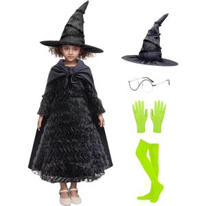 Halloween Girls Witch Dress Black Ruffled Dresses Set with Cape Glasses Gloves Stockings Pointed Hat for Kids (9-11 Years)