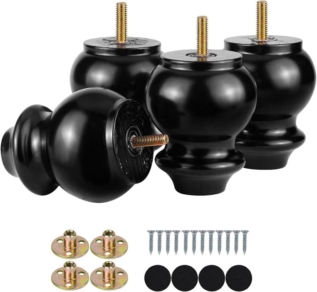 4 Inch Wood Furniture Legs Bun Feet Replacement Chunky Wooden Furniture Feet for Sofa Couch Set of 4 (4 Inch Black)