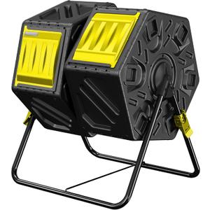 Compost Bin Outdoor, 2 Separate Tumbling Chambers, 37Gal Lagre Compost Tumbler with Sliding Door and Aeration System, 360° Rotating, Tumbling Composter Bin for Kitchen, Garden, Yard, Black Yellow