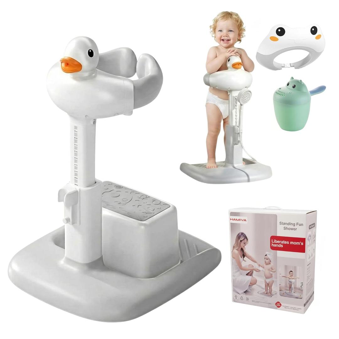 Baby Bath Stand with Built-in Seat - Duck Design - Anti-Slip Base - Baby Shower Stand for Sitting or Standing (Gray)