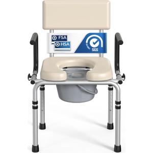 Drop Arm Bedside Commode, Commode Toilet with Padded Seat and Backrest, 400lbs Capacity, 6.3QT Removable Bucket and Splash Guard, Adjustable Height Portable Toilet for Adults, Beige