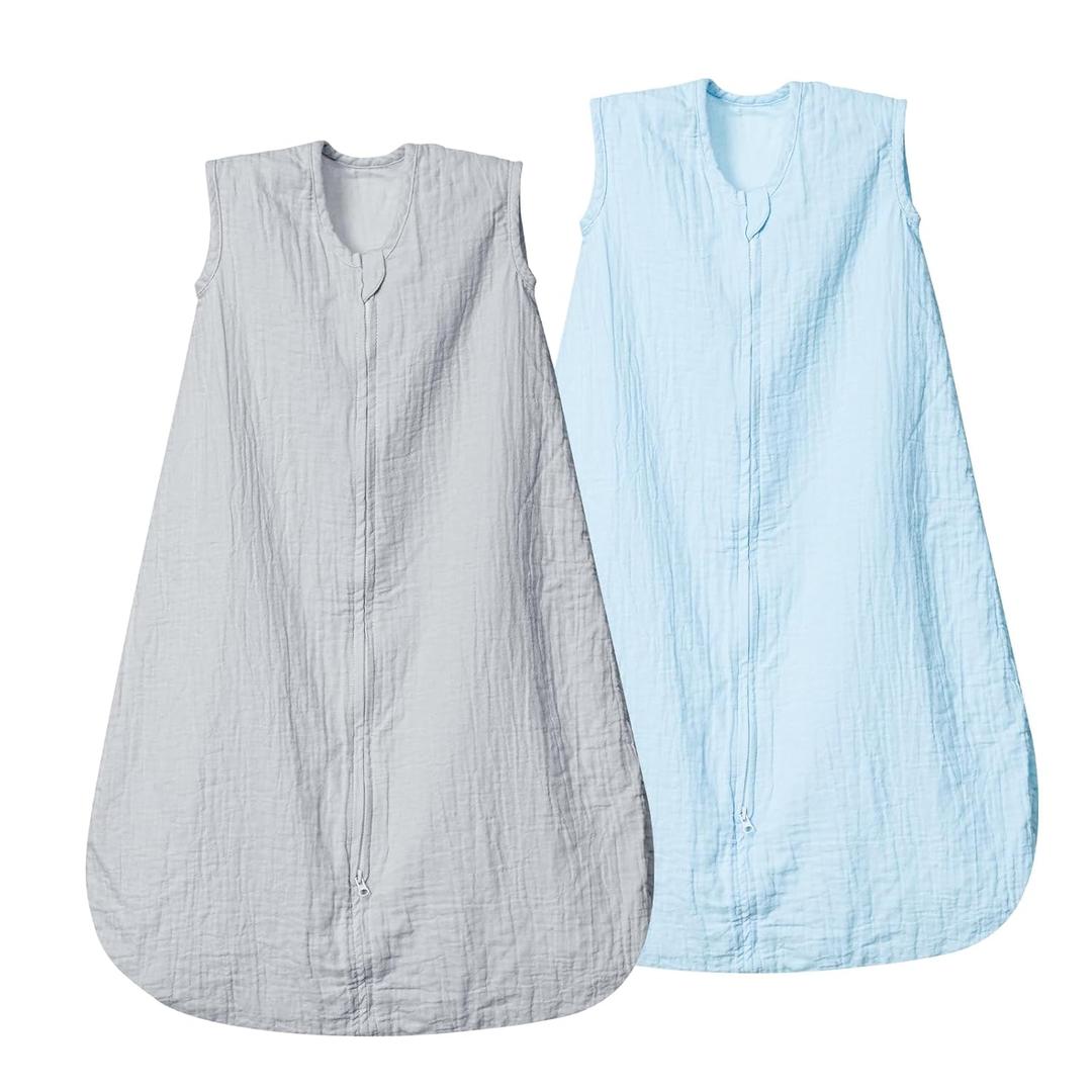 david's kids Muslin Cotton Baby Sleep Sack 6-12 Months, 2 Pack 100% Cotton Sleeping Bag for Summer, TOG 0.5 Baby Wearable Blankets with 2-Way Zipper, Soft Sleep Sacks for Newborn Infant, Grey & Blue (Medium)
