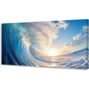 Wall Art Canvas Painting Ocean Sunset Wave Clear Water 1 Piece Huge Waves Picture Poster Print Framed and Stretched Ready to Hang for Living Room Bedroom (58"L x 29"W, Light Blue)