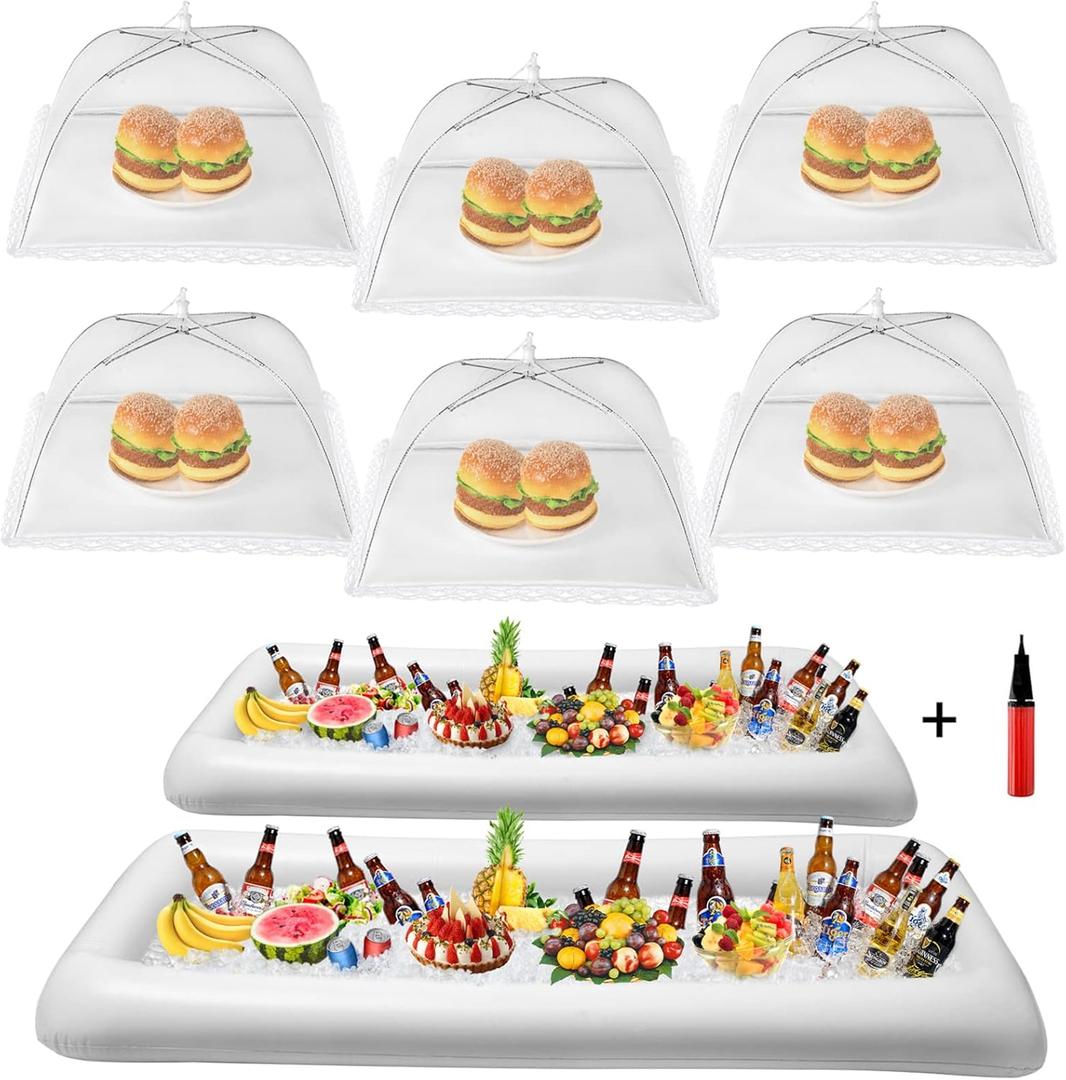 HBlife Inflatable Serving Bar & Food Umbrella Mesh Cover Screen Tent Set, Party Supplies Set for Picnics Pool Bar Outside, 2 Inflatable Tray, 6 Food Tents/Food Covers for Outdoors (White)