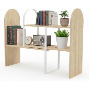 Maplefield Desk Hutch Expandable Shelf Organizer, Natural Finish, Engineered Wood Desktop Storage Rack for Office, Dorm, or Home  Adjustable Over Desk Bookshelf for Supplies, Decor & Accessories