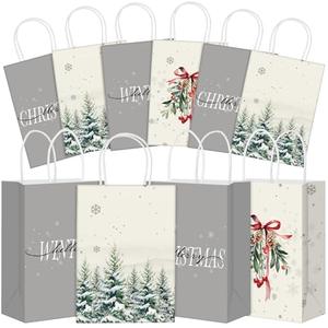 Kolldenn 24 Christmas Paper Gift Bags Bulk with Handles Wrapping Small Christmas Goodie Bags for Adult Xmas Theme Party Favor Birthday Supplies Goody Bundle(Mistletoe Holly Scalloped, Gray)