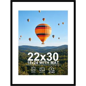 JCJMY 22x30 Picture Frame with 18x24 Mat, Display Photo 18x24 with Mat or 22 x 30 Without Mat, Wall Hanging Large 22 by 30 Poster Frame with Plexiglass, Black