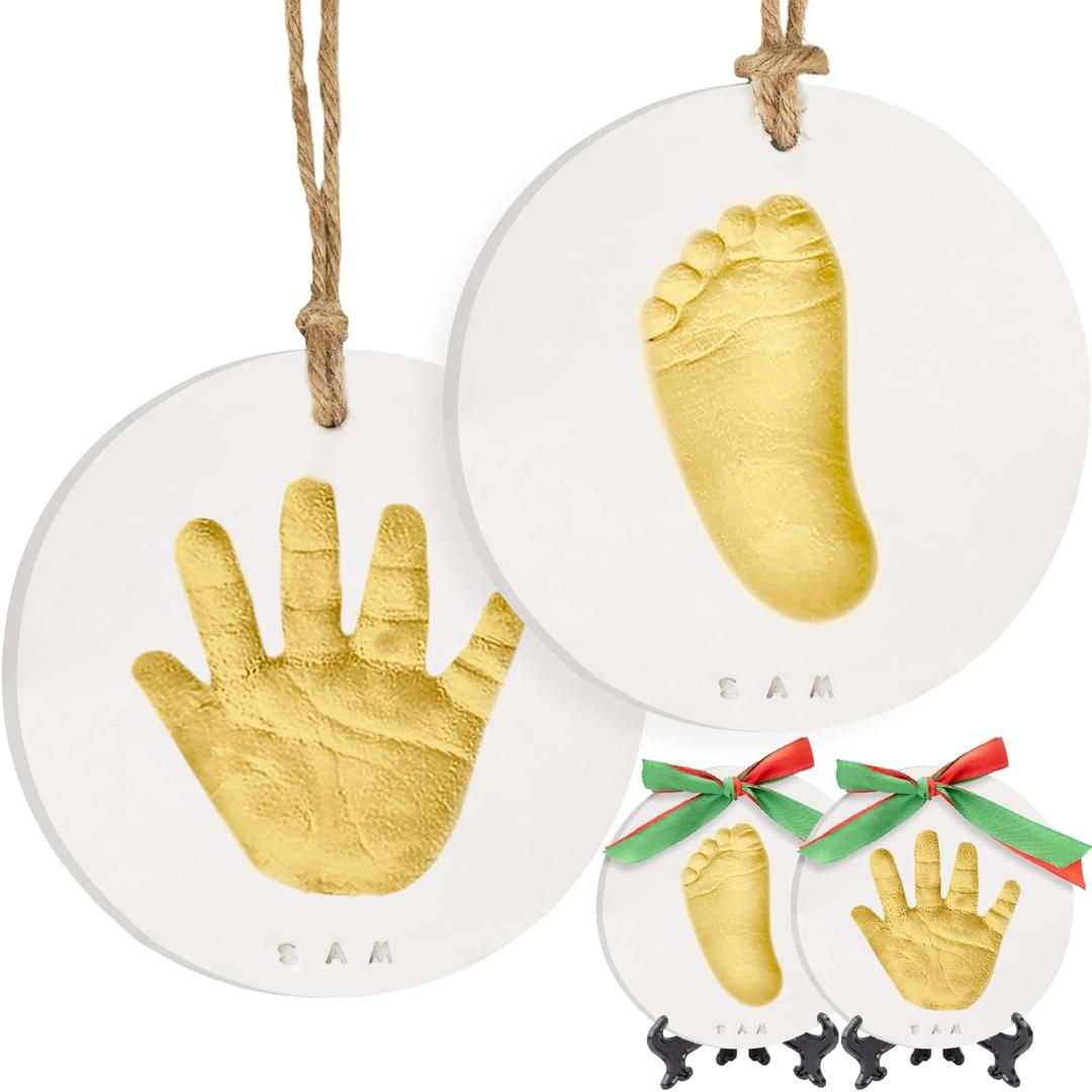 Baby Hand and Footprint Kit Girls, Boys - Personalized Babys First Christmas Ornament Kit, Newborn Christmas Gifts for New Mom, Cute Shower Gifts, Easy to Use Handprint Ornaments(Gold Paint, Cherish)