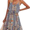 PRETTYGARDEN Women's Summer Mini Sundress Casual Spaghetti Strap Dresses Floral Sleeveless Ruffle Short Dress with Belt (Bright Blue, S)