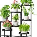 iDavosic.ly 7 Tier Large Plant Stand Indoor with 10 Inch Wide Tray, Tiered Corner Metal Outdoor Flower Display Holder Shelf, Folding Tall Rack for Patio Porch Living Room, Modern Black