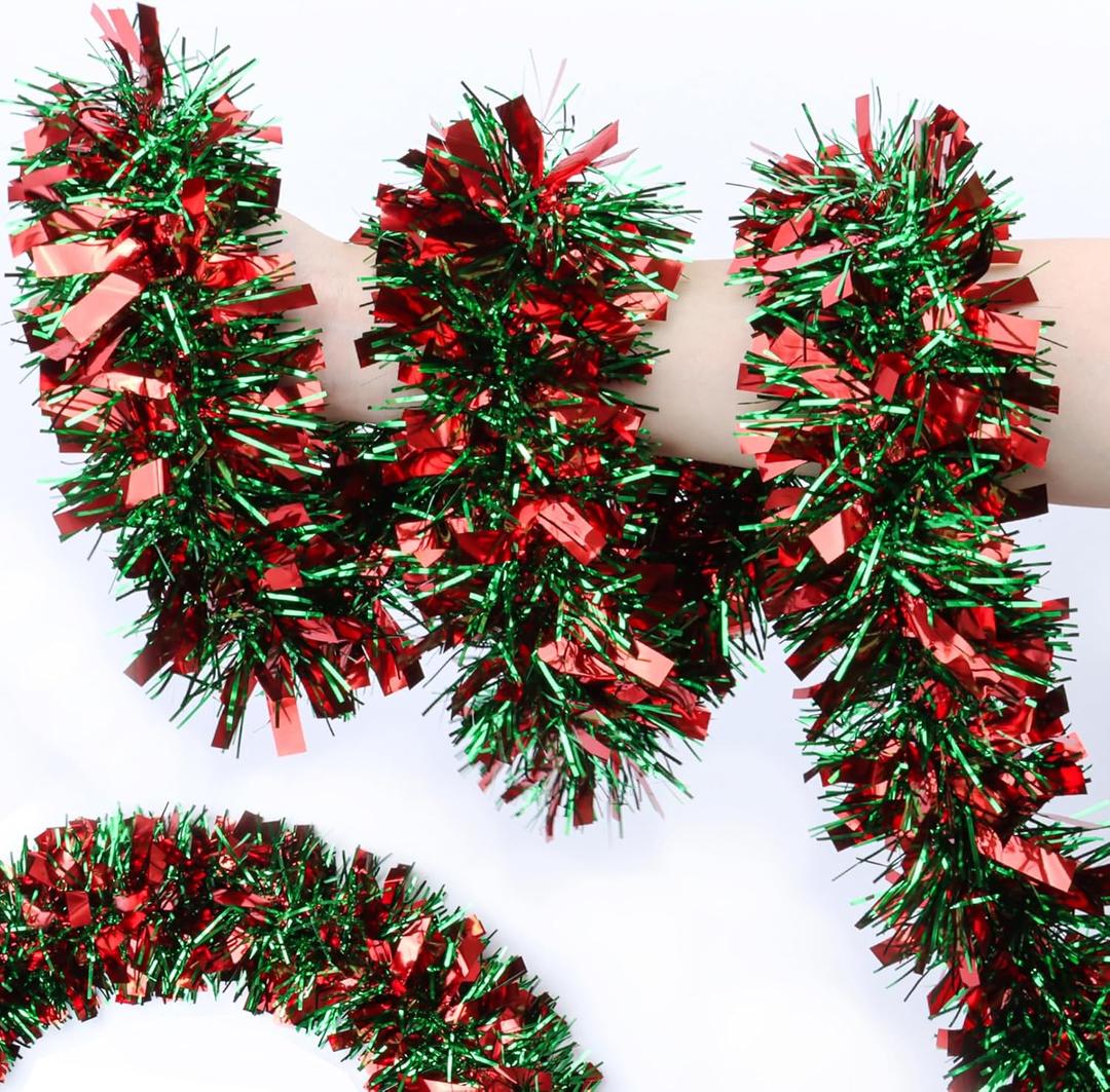50FT Red Green Christmas Tinsel Garland Metallic Twist Shiny Garland for Xmas Tree Decorations, Xmas Holiday Hanging Decor for Home Mantle Stair Indoor Outdoor Christmas Party Supplies Decor
