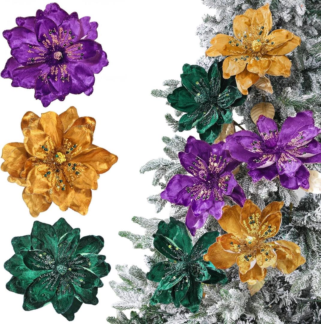 6 Pcs 8'' Mardi Gras Flowers Mardi Gras Throws Purple Beaded Magnolia Velvet Flower Purple Green Gold Floral Table Decorations Velvet Centerpieces for Carnival Party Supplies DIY Decor