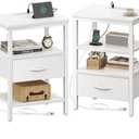 SUPERJARE Nightstand Set of 2, Bed Side Tables with Charging Station, Adjustable Fabric Drawer, Night Stand for Bedroom, 3-Tier Storage End Tables, White, 8694WC