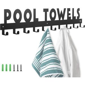 IBosins Large Pool Towel Rack with 10 Hooks, Towel Holder Wall Mounted for Outdoor, Towel Hanger for Hanging Bathrobes, Towels, Clothes - Perfect Pool Area Outside Sign and Decor (Black)