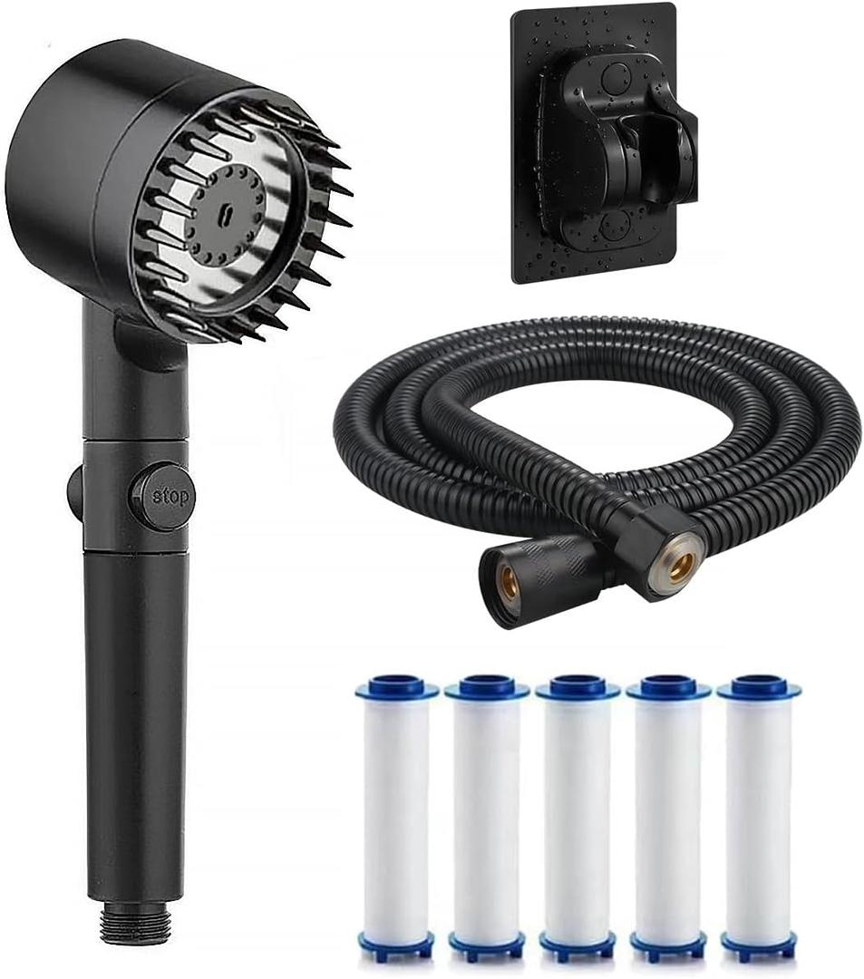 Ion Drops Filtered Shower Head with 59" Stainless Steel Hose, 5 Filter Cartridge and Angle-adjustable Bracket, 4 Spray Modes High Pressure ShowerHead with ON/OFF Switch (Black)