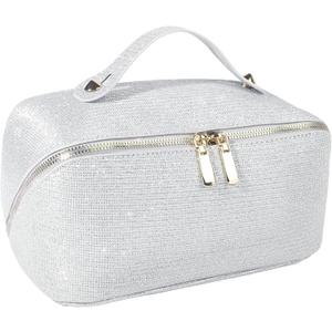 Makeup Bag for Women Travel Cosmetic Bag Toiletry Oraganizer Case Bag Travel Essentials Portable Pouch with Waterproof Large Capacity PU Leather Lining (Grey)