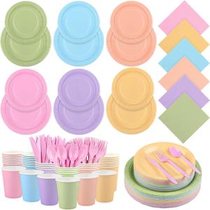 Kochorie 360 Pieces Pastel Rainbow Disposable Party Dinnerware Pack Included 7" and 9" Pastel Paper Plates Napkins Cups Cutlery, Macaron Colorful Decor Serves 48 Guests for Birthday Wedding Party