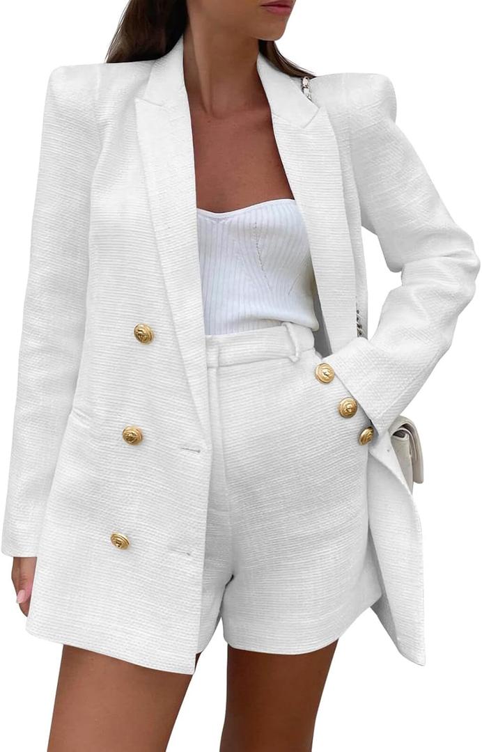 Cicy Bell Womens 2 Piece Tweed Blazer Shorts Sets Long Sleeve Double Breasted Suit Jackets Business Outfit, S