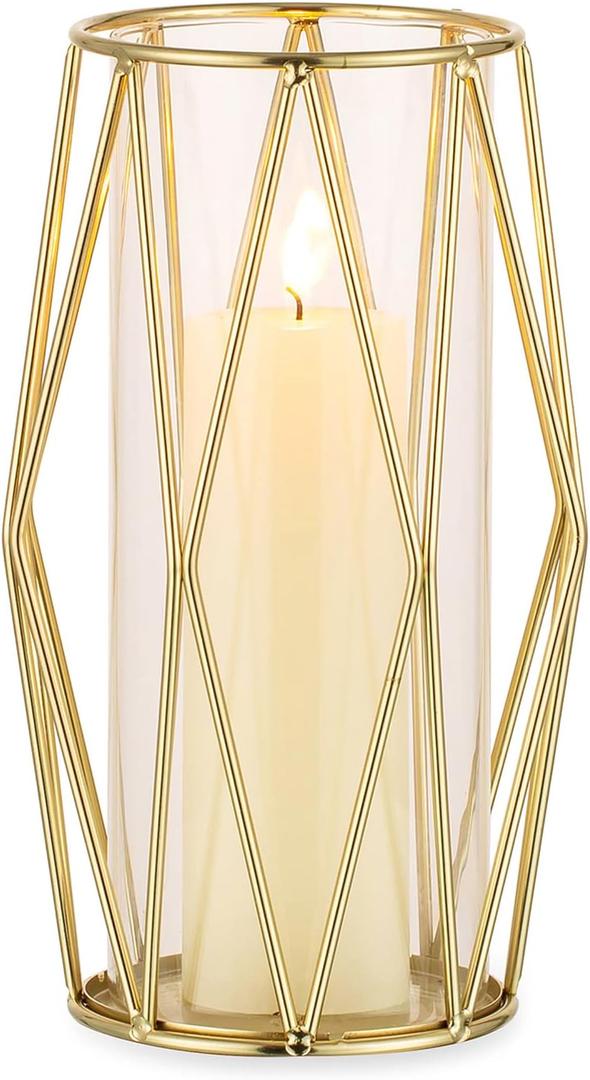 Nuptio Gold Pillar Candle Holder: Glass Hurricane Candles Holders with Geometric Metal Rack Stand for Wedding Birthday Party Centerpieces - Decorative Flower Vase for Office Living Room (Large)