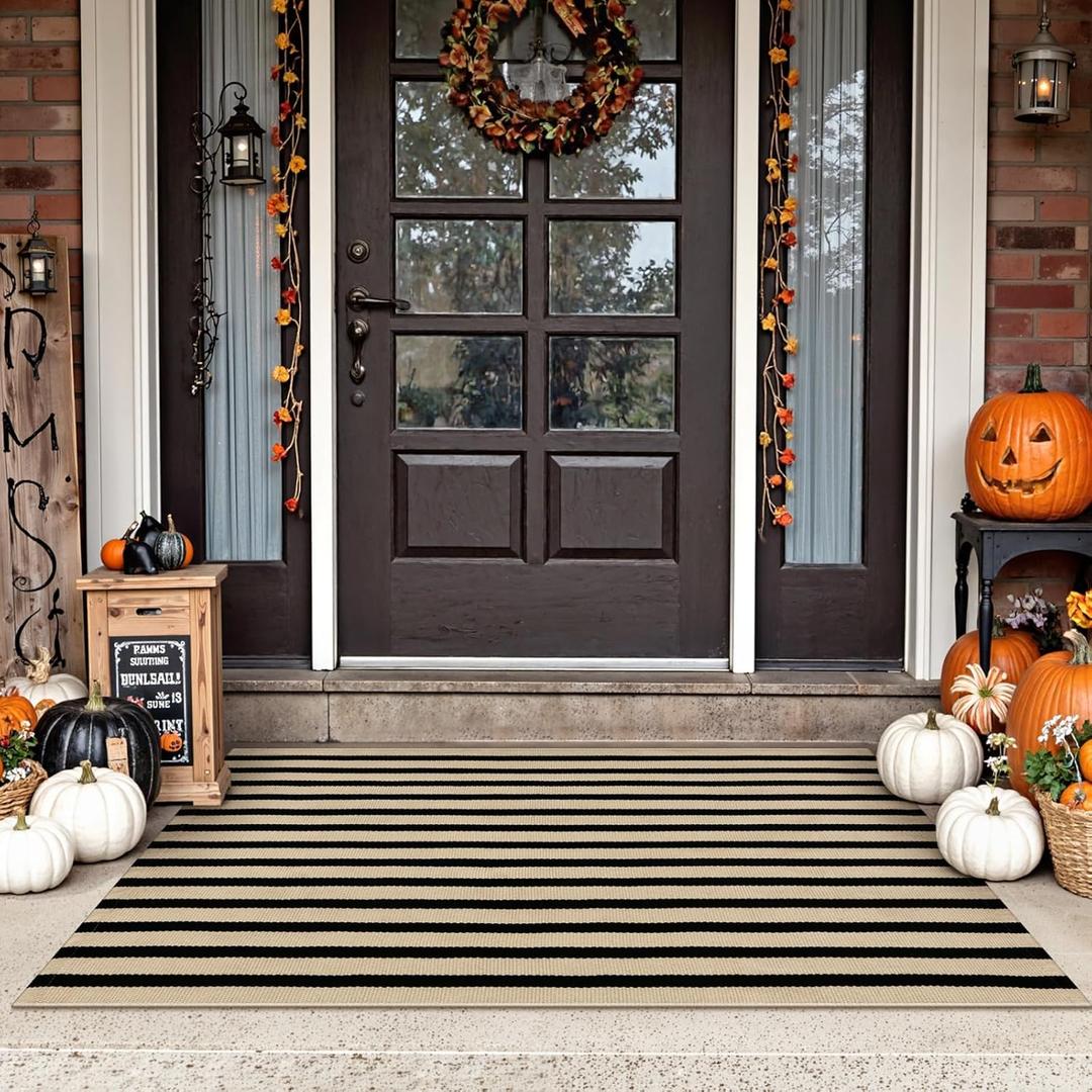 Tiveney Fall Door Mat Outside Entrance 2'x4.3', Cotton Woven Washable Front Porch Rugs, Farmhouse Reversible Layered Welcome Mat Halloween Decorations Outdoor for Entryway Kitchen Farmhouse (Black/Khaki Striped) Tiveney Fall Door Mat Outside Entrance 2'x4.3', Cotton Woven Washable Front Porch Rugs, Farmhouse Reversible Layered Welcome Mat Halloween Decorations Outdoor for Entryway Kitchen Farmhouse (Black/Khaki Striped)