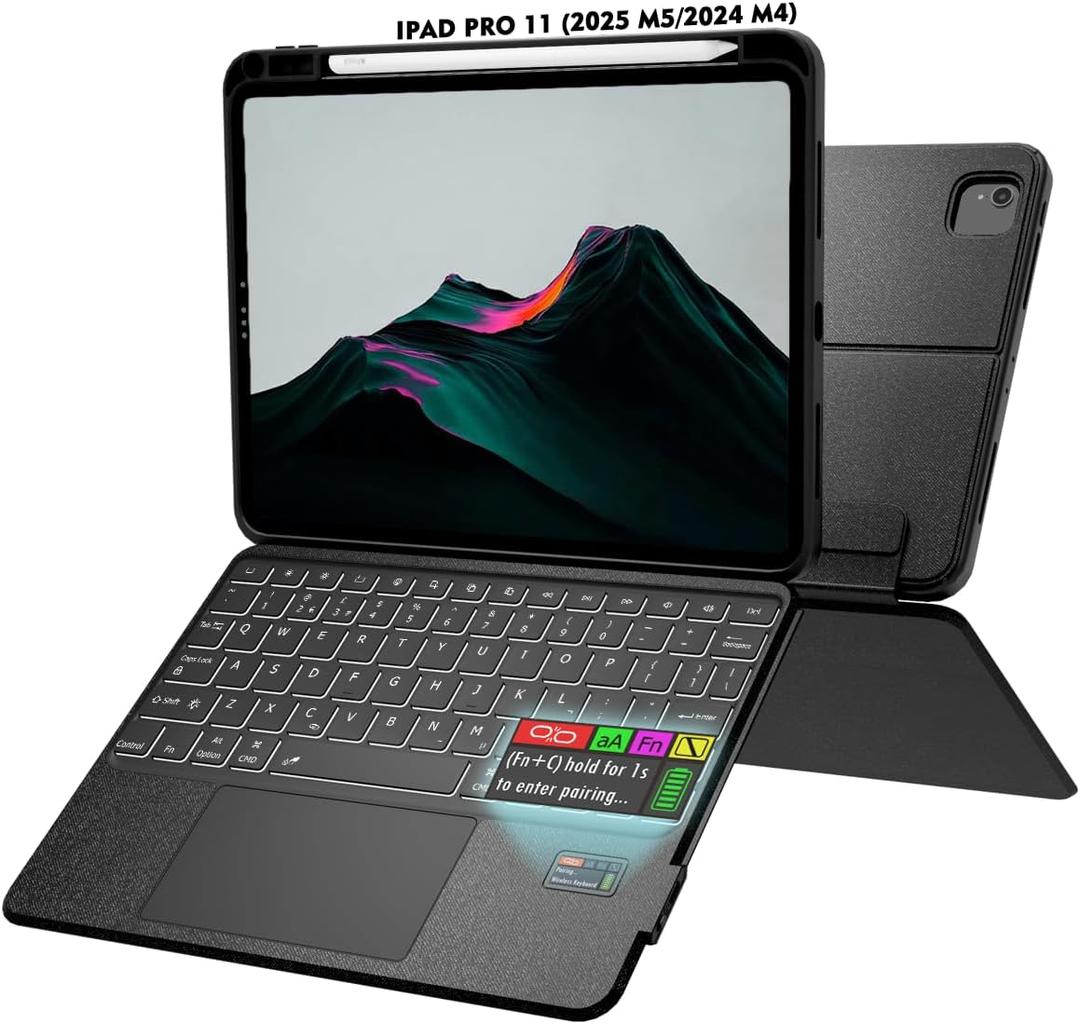 Keyboard Folio Lightweight w/ Screen for iPad Pro 11 inch (M5/M4, 2025/2024), Magnetic Detachable Keybaord with Case & Trackpaf & Backlit & 160 Kickstand & Pen Slot, Keyboard for iPad Pro 11 5th Gen (Black)