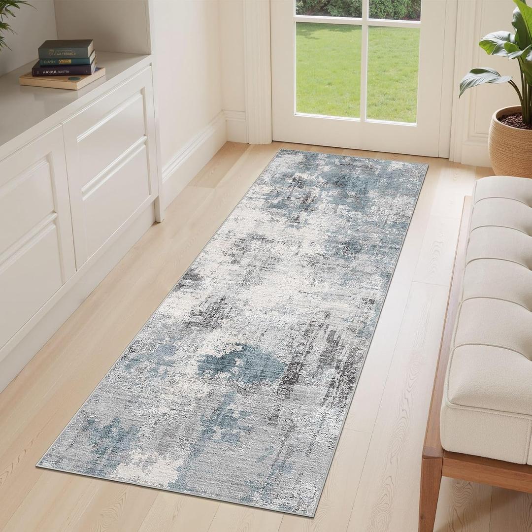 Washable Area Rugs 2x6 Runner Rug for Entryway: Modern Abstract Neutral Soft Indoor Carpet for Hallway Front Door Kitchen Bathroom Bedroom - Grey Blue