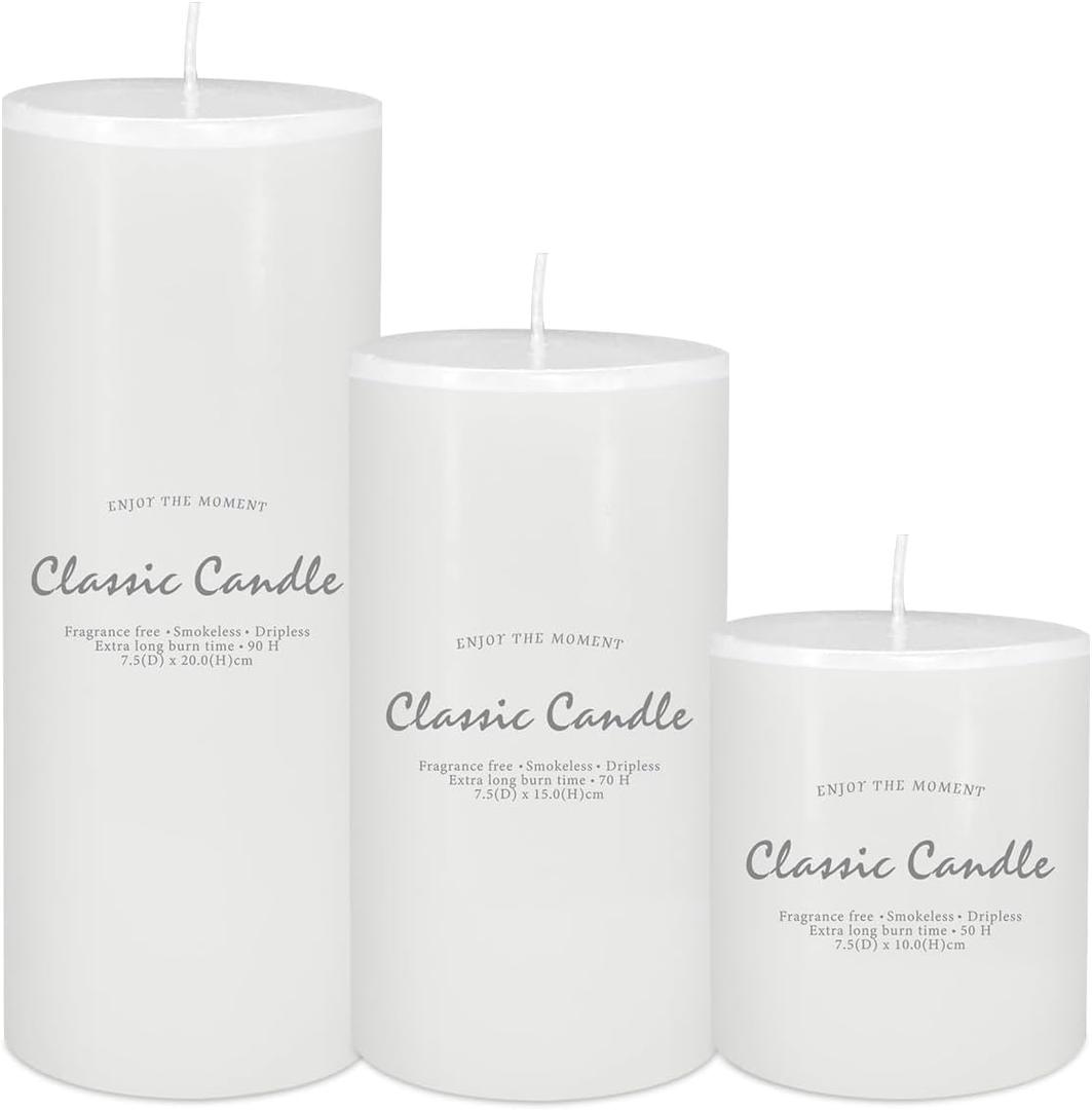 3 Pack 3x4, 6, 8 Hand Poured White Dripless Pillar Candles, Soy Candles, Non-Toxic, Unscented, Smokeless, for Power Outages & Emergency