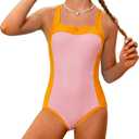 Kids4ever Girls One Piece Swimsuits Color Block Bathing Suit Kids Swimwear for Teens Beach 9-16Y (Pink)
