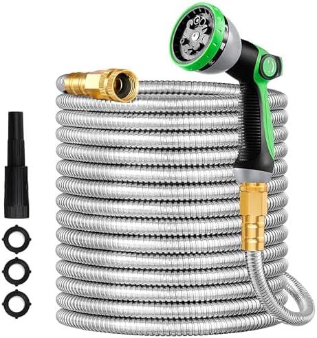 eletecpro Metal Garden Hose, Heavy Duty 304 Stainless Steel 75ft Hose with 2 Nozzles for 15 Functions for Yard, Lawn, Flexible Water Hoses Kink & Tangle Free, Pet & Puncture Proof