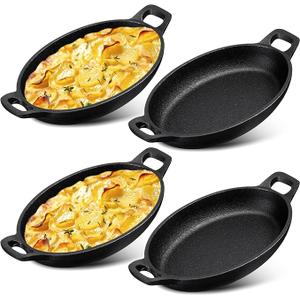 Mifoci Pack of 4 Oval Serving Dish Mini Cast Iron Skillet Cast Iron Baking Pan Sizzling Plate Matte Black Gratin Cookware for Home Restaurant Kitchen Food Service Barbecue (7.1" X 4.7")