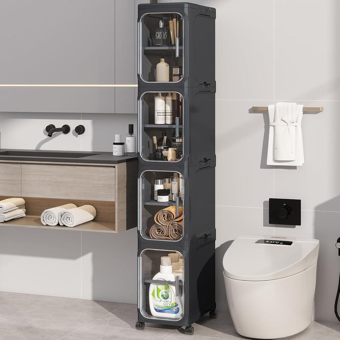 4-Tiers Slim Bathroom Storage Cabinet, Foldable Storage Cabinets,Narrow Bathroom Storage,Movable Bathroom Storage Organizer for Small Spaces,Bathroom,Kitchen,Laundry, Black