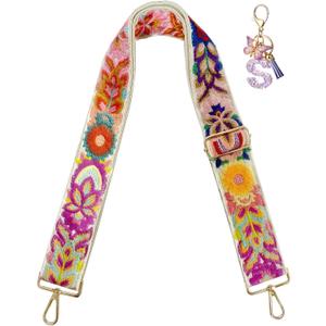 Embroidery Flower Purse Strap Replacement Crossbody 2 Inch Wide with Letter S Keychain for Women's Handbags (Fern Flower White)