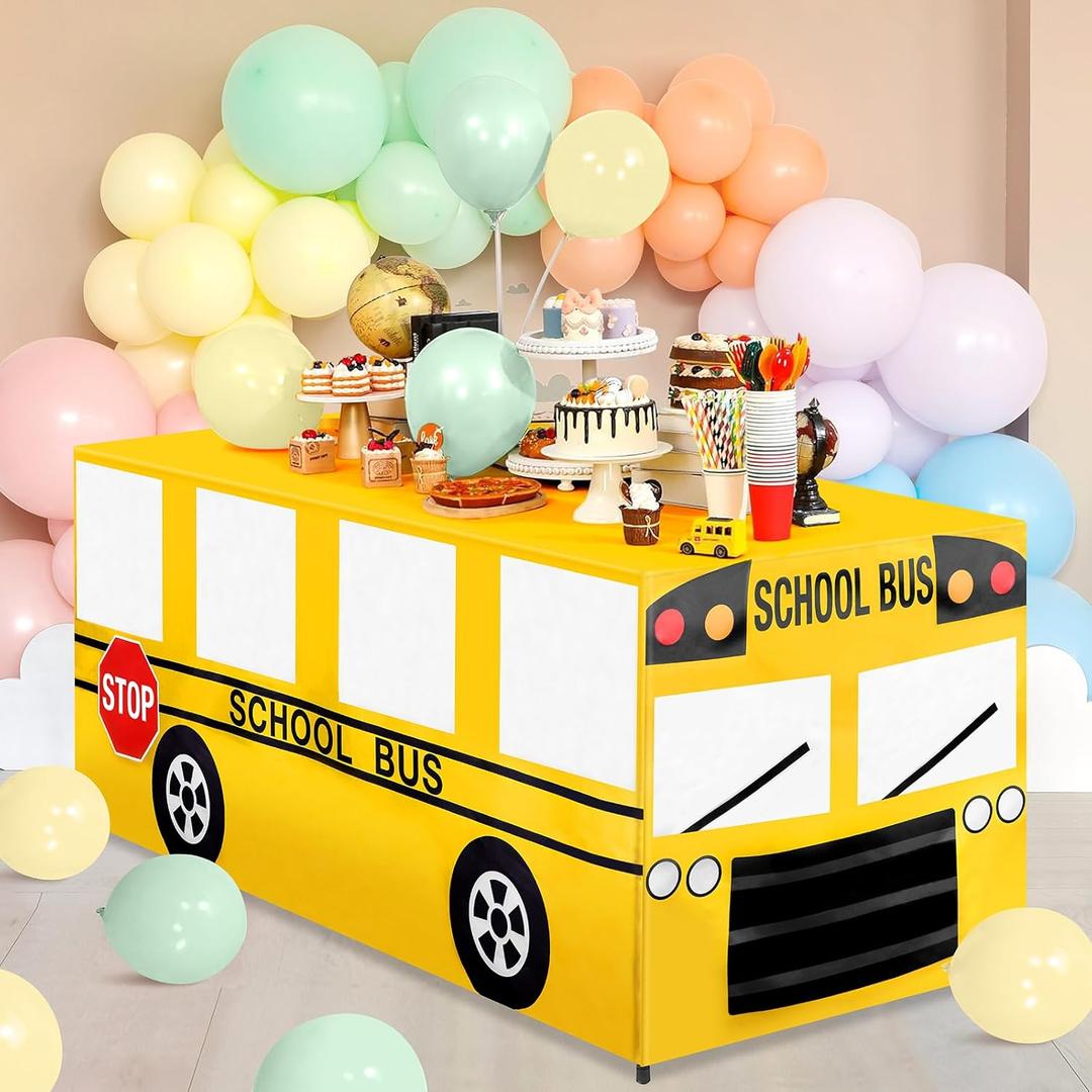 6 Ft School Bus Tablecloths Birthday Party Decorations School Bus Theme Table Cover Washable Fabric Polyester Rectangle Table Covers Protector for School Kindergarten Back to School Party Decorations
