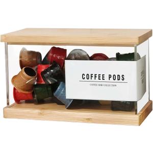 Coffee Pod Holder Laundry Pods Container, Acrylic Dishwasher Pod Container with Bamboo Lid and Extra Labels, Candy Dispenser for Coffee Bar Kitchen Countertop