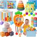 Baby Toys 6 to12 Months, 7 in-1 Montessori Toy for 6-9-12-18 Month Old with Pull String Toy, Sensory Bin Toys, Stacking Baby Blocks & Soft Infant Ring & Sensory Ball, Stacking Cups for Toddler Gift