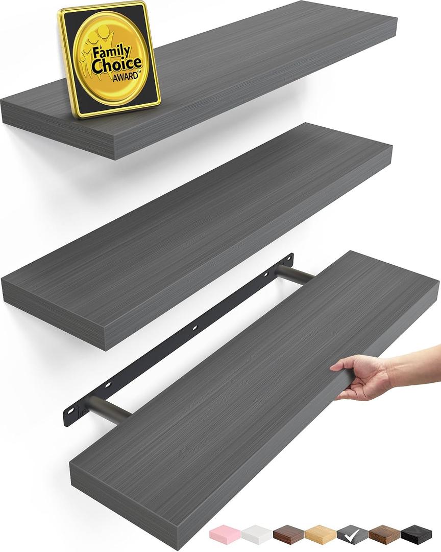 BAYKA Grey Floating Shelves 22.5in, Set of 3, Wall Mount Rustic Wood Shelf, F. Grey - Industrial Edge Style, 3, 22.5inches 