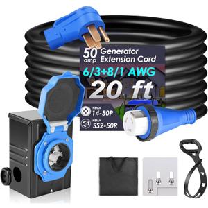 Seeutek 50 Amp Generator Cord, 4 Prong 20 FT Generator Extension Cord with Pre-drilled Power Inlet Box & Interlock Kit, NEMA 14-50P/SS2-50P Functional Cable, High Conductivity, ETL Listed