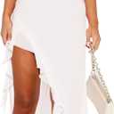 Women Sexy V Neck Sleeveless Mesh Ruffle Hem Bodycon Maxi Casual Backless High Slit Cocktail Party Dress (Small, White)