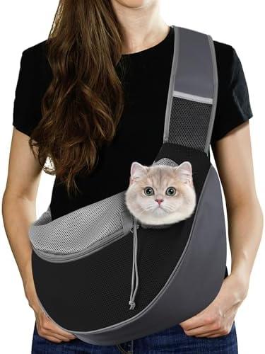 Pawaboo Pet Dog Sling Carrier, Hand Free Drawstring Dog Papoose with Adjustable Strap, Breathable Mesh Bag for Puppy Cat, Crossbody Satchel Dog Purse with Pocket for Outdoor, Dark Gray+Black, Small