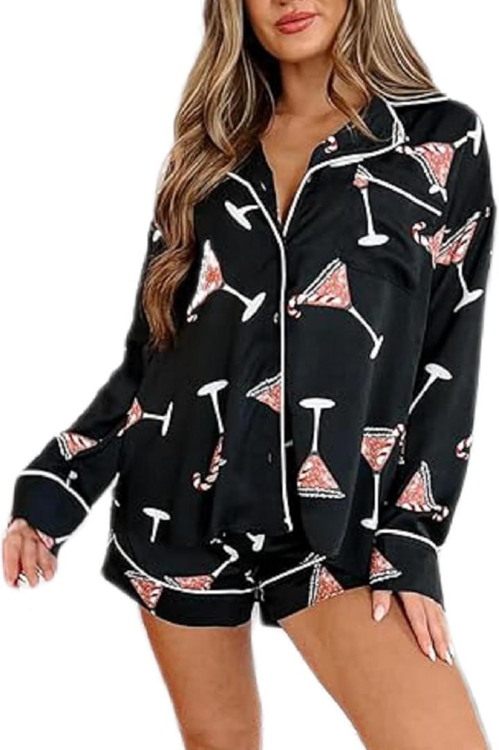 NUFIWI Women Christmas Pajamas Pjs Set Cute Santa Colorful Pj Long Sleeve Shirt Lounge Shorts 2 Piece Holiday Sleepwear (X-Large, Black Martini)