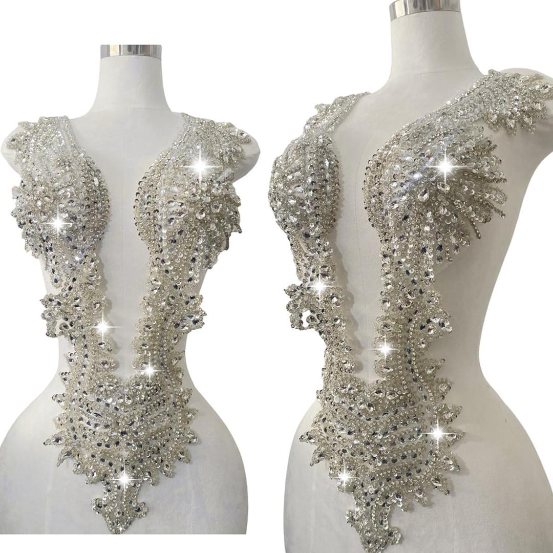 Large Handmade Rhinestones Full Bodice lace Applique Patches Party Wedding Dress Shiny Beads Sequins Crystal Decoration Trimming Accessories (Silver) 12 inches x 8 inches